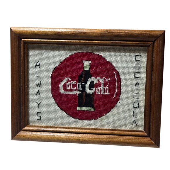 Vintage Coca Cola Cross Stitch Art In Wooden Frame Soda Pop Collectible  8 x 6 - Picture 4 of 11